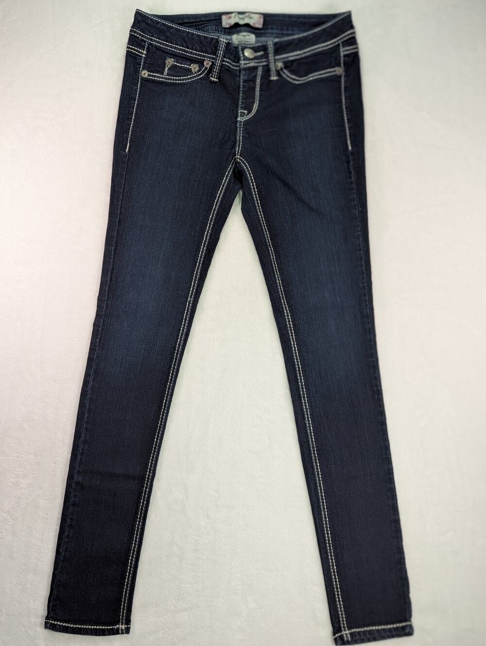 VTG Fragile Dark Wash White Stitch Pull On Skinny Stretch Jeans M Juniors Y2K